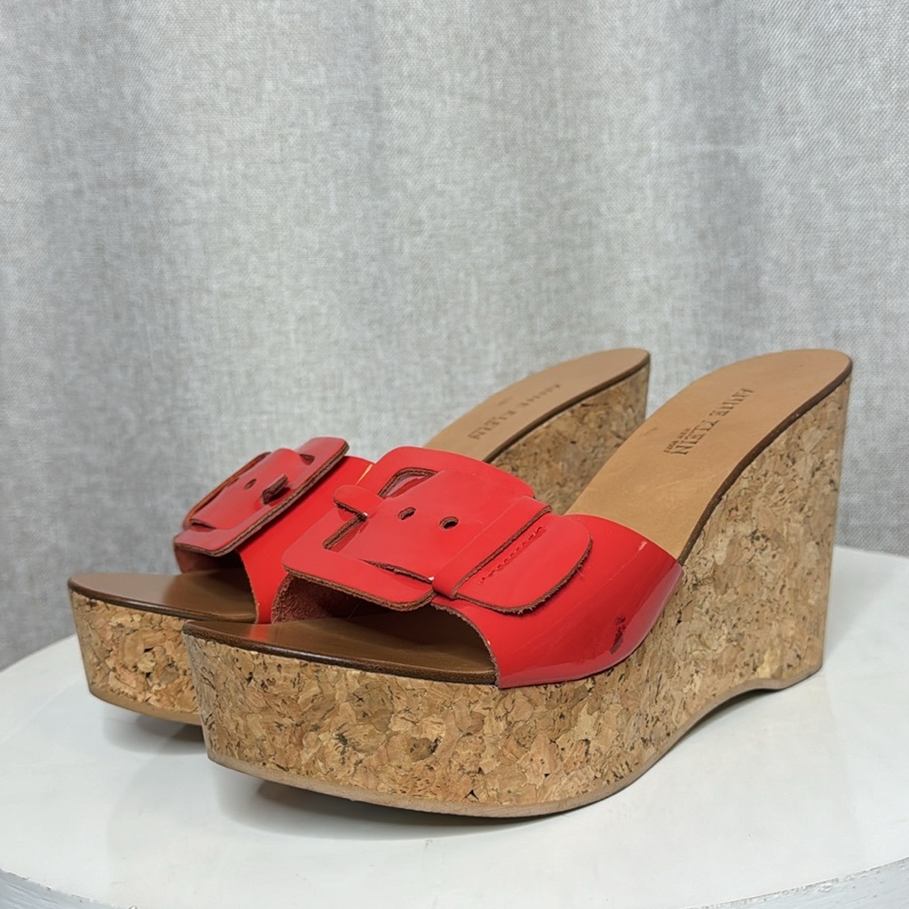 ANNE KLEIN LEXA RED PATENT CORK PLATFORM WEDGE SANDALS BUCKLE SLIDE **NWT** - Picture 4 of 14
